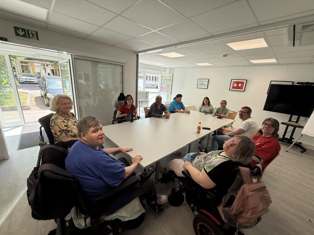 Eine Gruppe von Menschen mit und ohne Rollstuhl sitzt um einen Tisch in einem Konferenzraum.